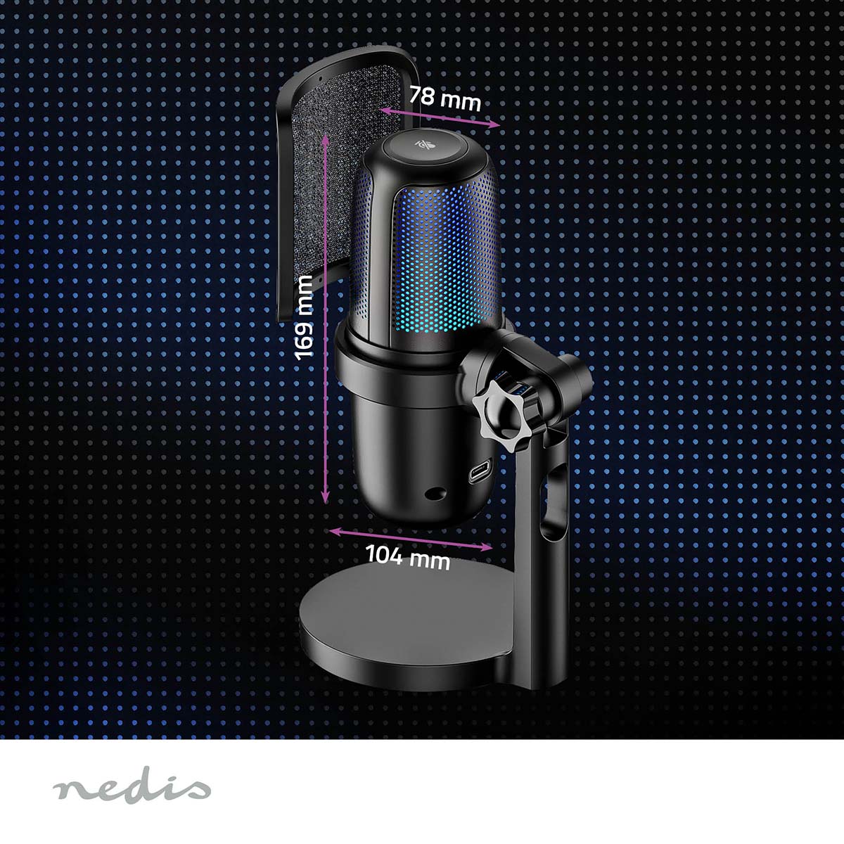 Nedis bordmikrofon USB-A sort med popfilter, RGB lys, 169x104x78 mm, prikmønstret blå-sort baggrund.