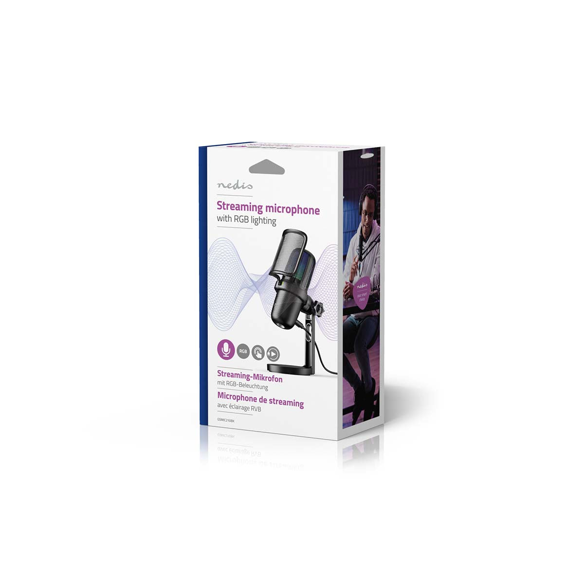 Nedis bordmikrofon USB-A med RGB-lys og stativ, emballage med produktbillede og modelnavn.
