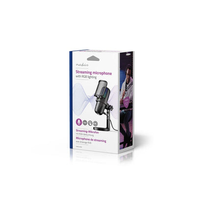 Nedis bordmikrofon USB-A med RGB-lys og stativ, emballage med produktbillede og modelnavn.