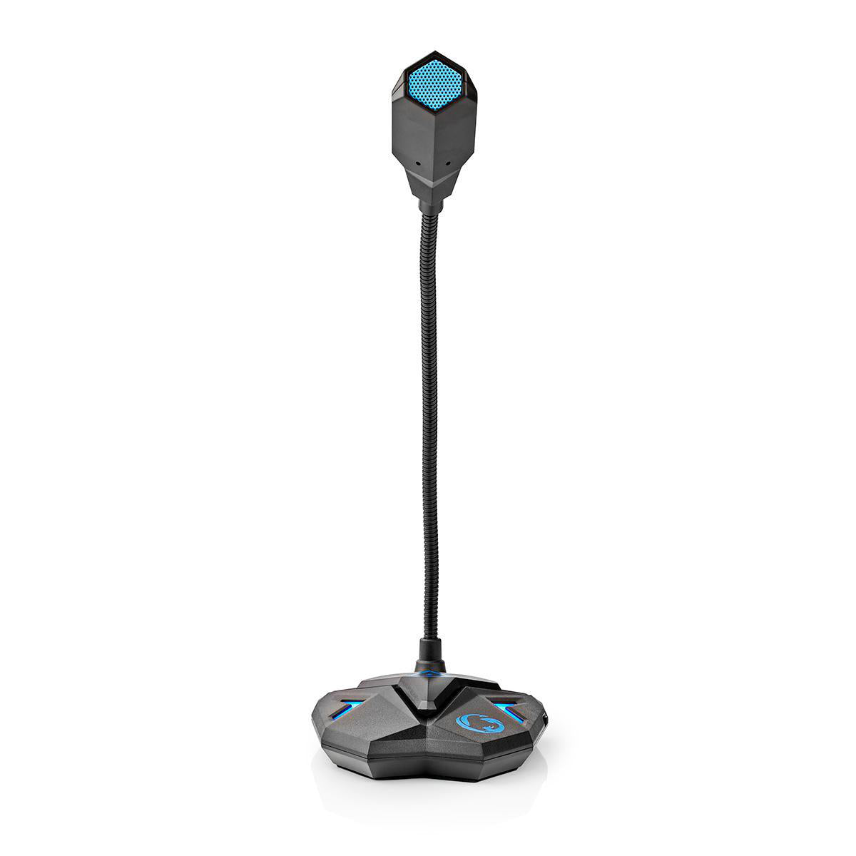 Nedis Streaming og Gaming Mikrofon sort med fleksibel svanehals, sekskantet base m. blå detaljer og knapper, blå mesh-grill.