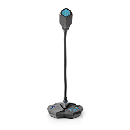Nedis Streaming og Gaming Mikrofon sort med fleksibel svanehals, sekskantet base m. blå detaljer og knapper, blå mesh-grill.