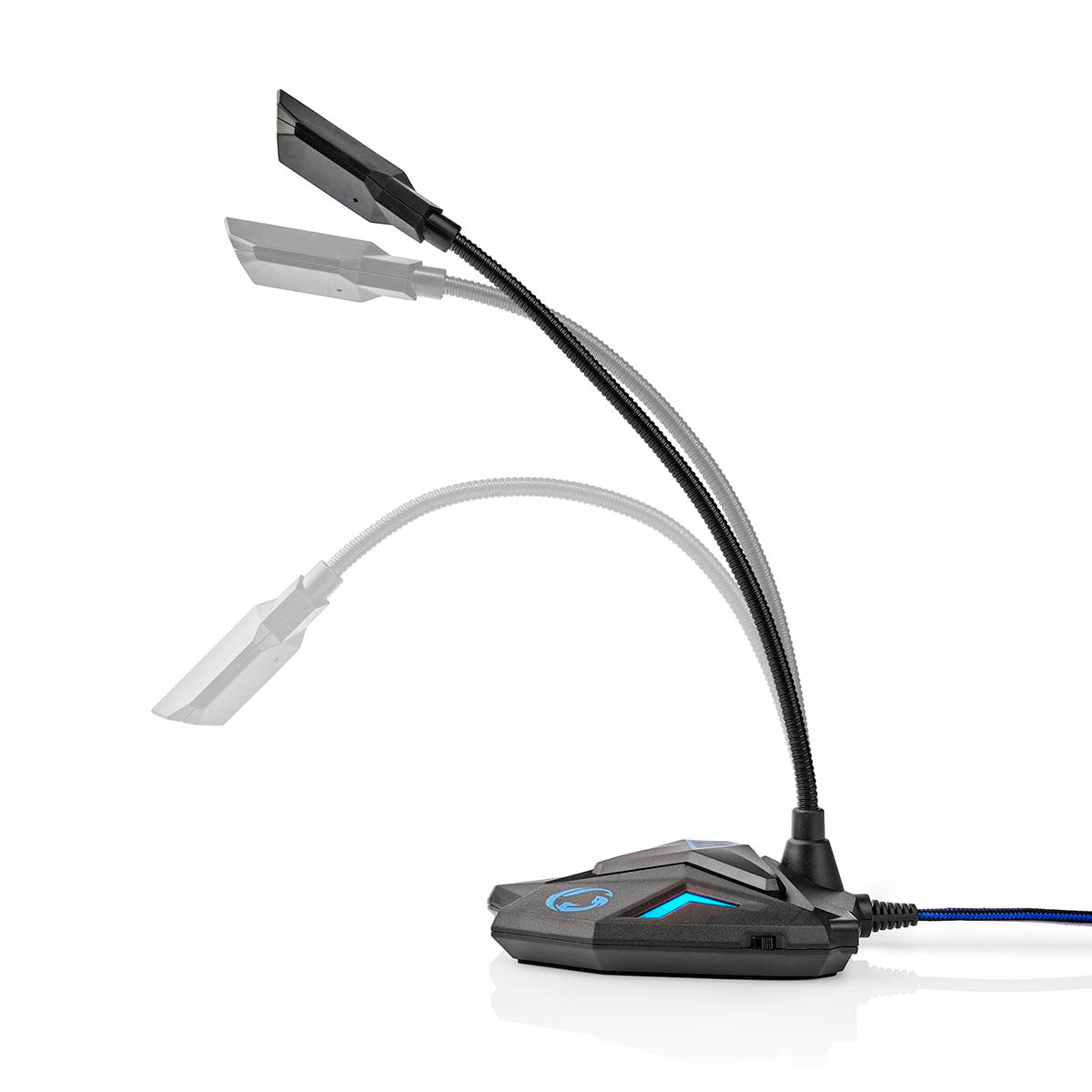 Nedis streaming- og gaming-mikrofon med fleksibel hals, blå LED-base og flettet kabel.