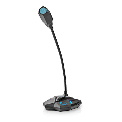 Nedis USB streaming og gaming mikrofon i sort med fleksibel svanehals, blå mesh på mikrofonhoved og blå lysdetaljer.