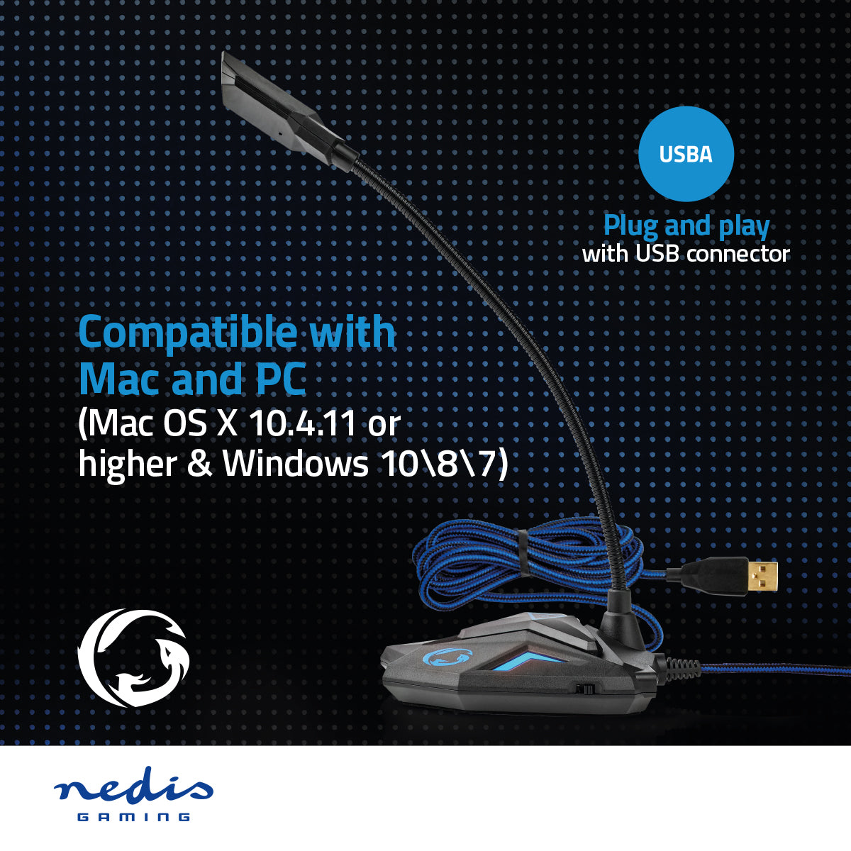 Nedis Streaming og Gaming Mikrofon, sort med blå flettet kabel, USB plug-and-play, Mac/PC kompatibel, Nedis logo.