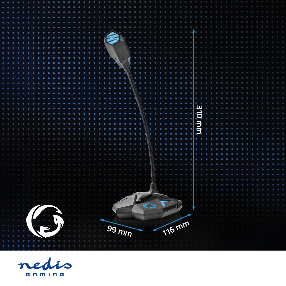 Nedis Streaming og Gaming Mikrofon, sort USB med fleksibel hals, højde 310 mm, base 99x116 mm, Nedis-logo nederst.
