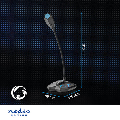 Nedis Streaming og Gaming Mikrofon, sort USB med fleksibel hals, højde 310 mm, base 99x116 mm, Nedis-logo nederst.