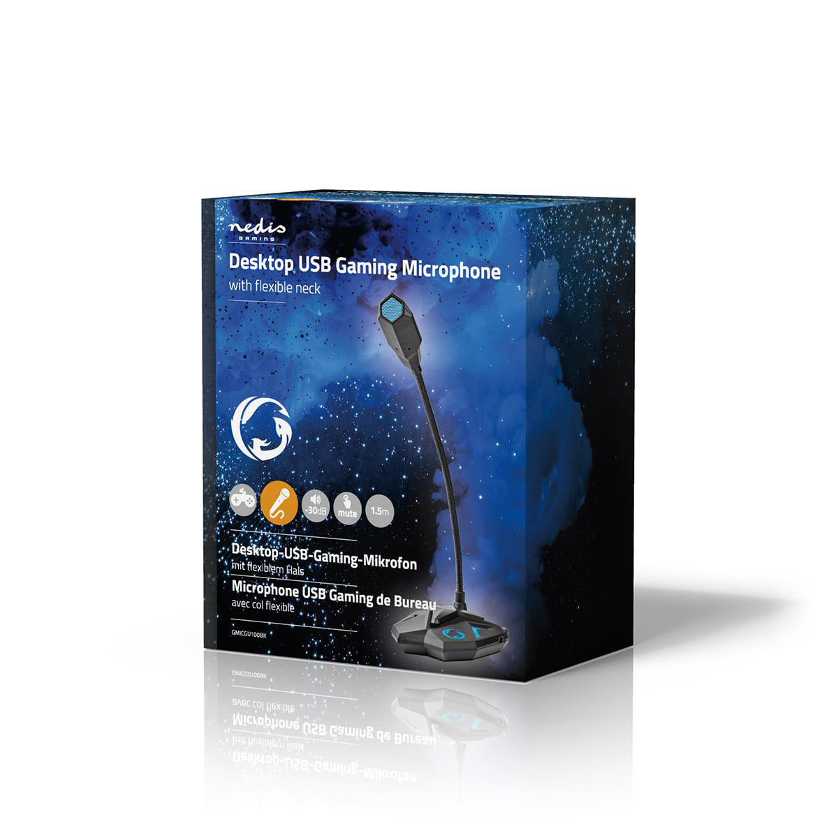 Nedis Streaming og Gaming Mikrofon i sort med fleksibel hals, desktop USB mikrofon vist på blå-sort æske med produktinfo.