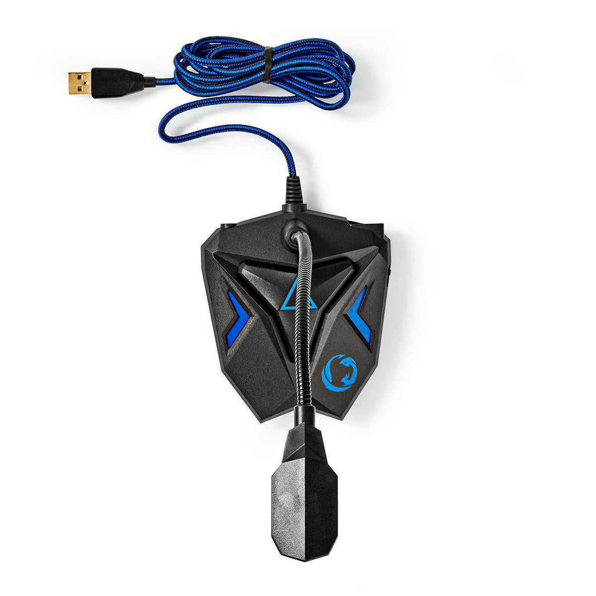 Nedis USB gaming mouse bungee i sort og blå med fleksibel kabelarm og flettet USB-kabel, organiserer ledninger.