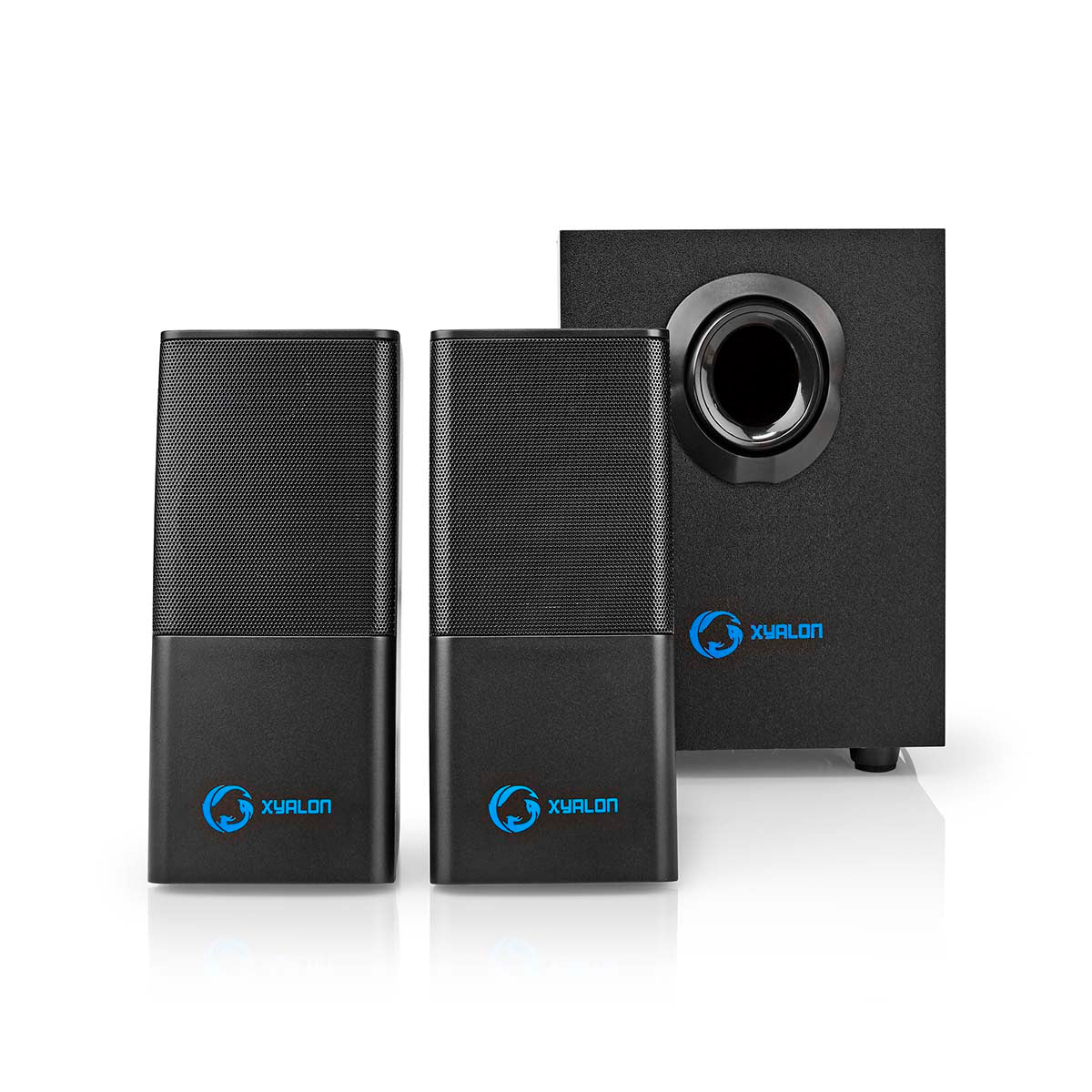 Nedis Gaming 2.1 stereo højttalersystem i sort med to rektangulære fronter og stor subwoofer, blå Nedis-logo.