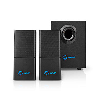 Nedis Gaming 2.1 stereo højttalersystem i sort med to rektangulære fronter og stor subwoofer, blå Nedis-logo.