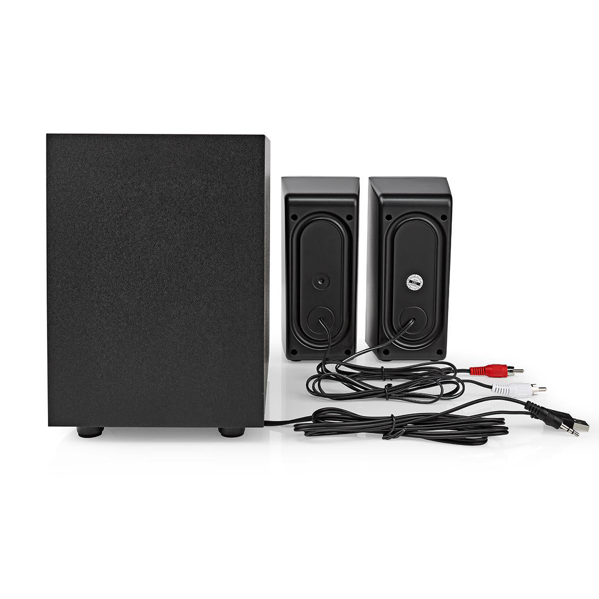 Nedis Gaming 2.1 stereo højttalersystem med sort subwoofer, to slags satellitter, RCA-stik og USB-stik.