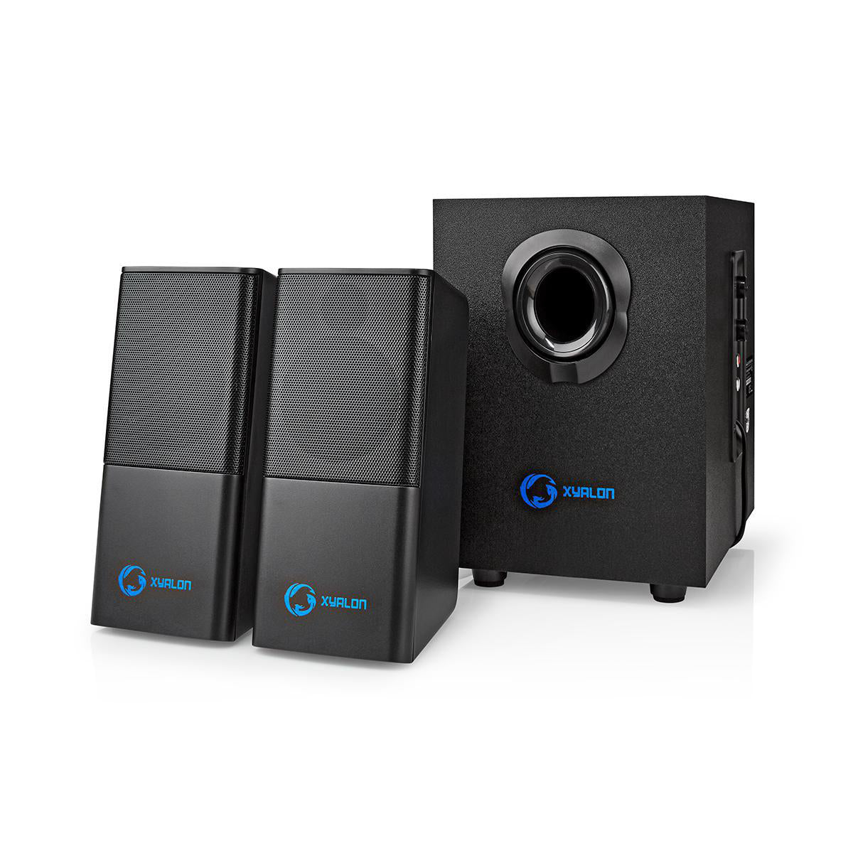 Nedis Gaming 2.1 stereohøjttalersystem sort med to satellithøjttalere, subwoofer og Nedis-logo.