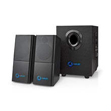 Nedis Gaming 2.1 stereohøjttalersystem sort med to satellithøjttalere, subwoofer og Nedis-logo.