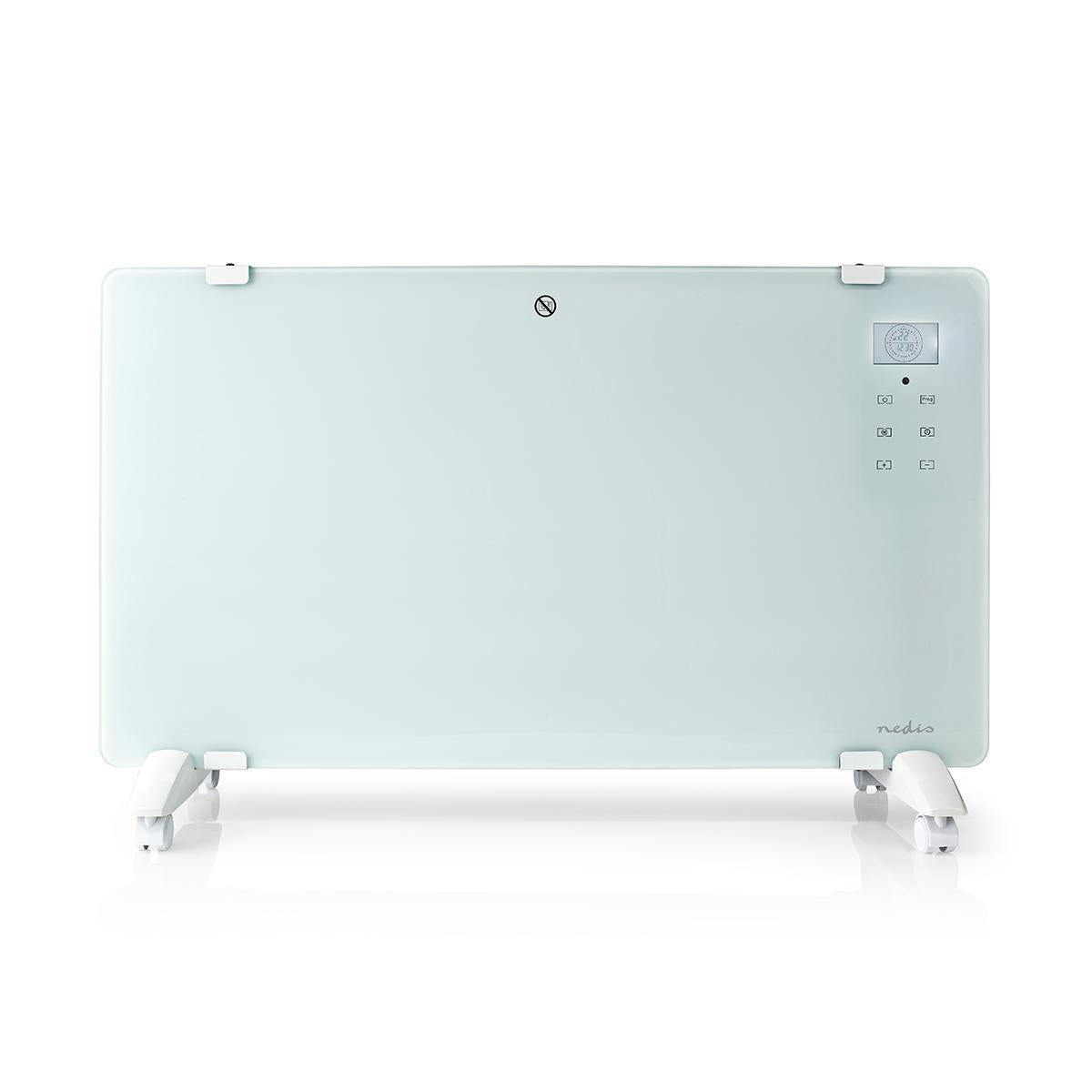 Nedis Wifi SmartLife elradiator 2000W, hvid glasfront, digitale knapper, display øverst til højre, til hvide fødder.