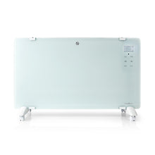 Nedis Wifi SmartLife elradiator 2000W, hvid glasfront, digitale knapper, display øverst til højre, til hvide fødder.