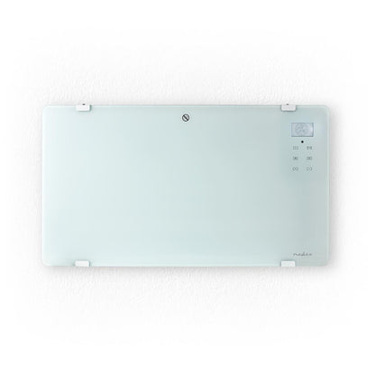 Nedis Wifi SmartLife elradiator 2000W, hvid, vægmonteret, rektangulær med digitalt display og kontrolknapper øverst til højre.