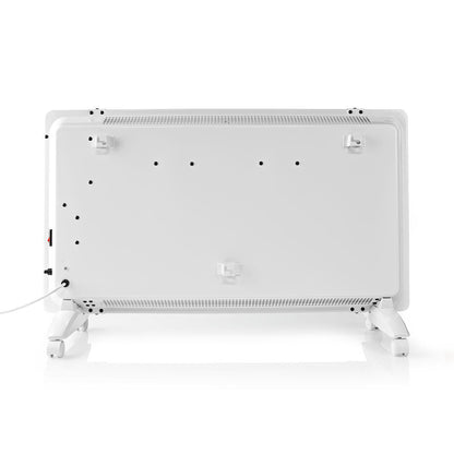 Nedis Wifi SmartLife elradiator 2000W hvid, set bagfra med ventilationshuller, vægbeslag, ledning og justerbare fødder.