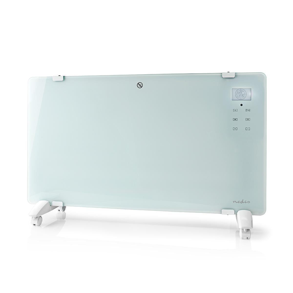 Nedis Wifi SmartLife elradiator 2000W hvid med digitale knapper, display, hjul og Google Home-kompatibilitet.