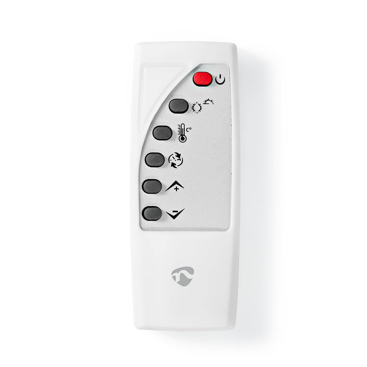 Nedis Wifi SmartLife elradiator 2000W med hvid fjernbetjening, rødt tænd/sluk-symbol, pile-, blæser- og lyskildeikoner.
