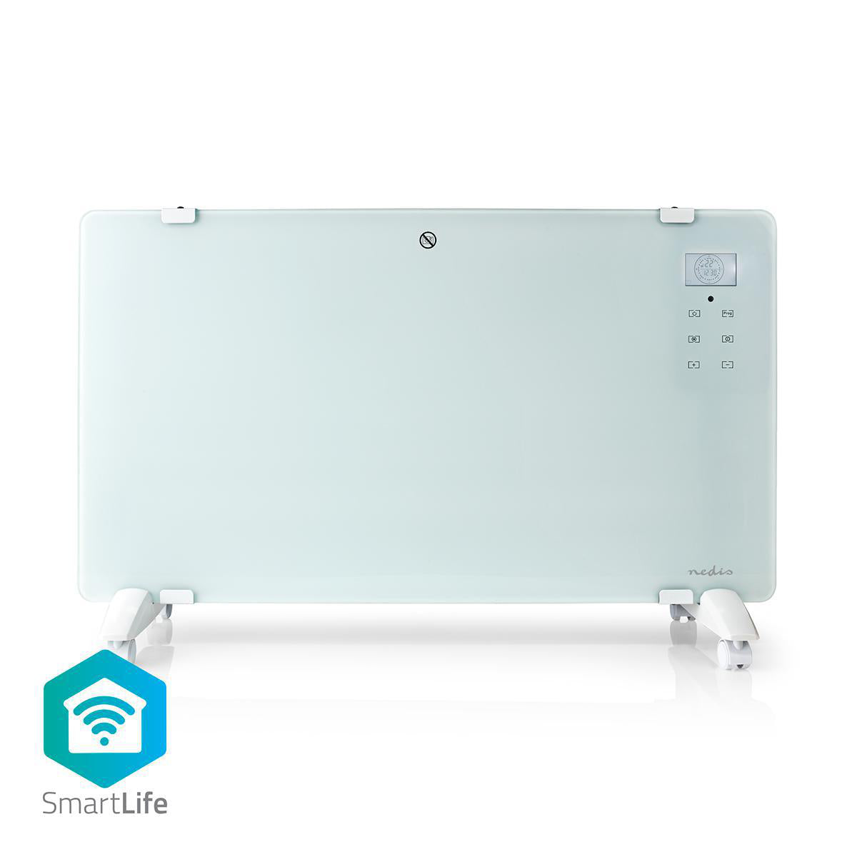 Nedis SmartLife Elradiator 2000W hvid glas, digitalt display, touchpanel højre side, til hvide fødder, SmartLife-logo.