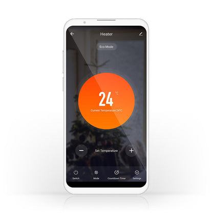 Nedis Wifi SmartLife Elradiator 2000W vises i app på smartphone, indstillet til 24°C i Eco Mode med timer og indstillinger.