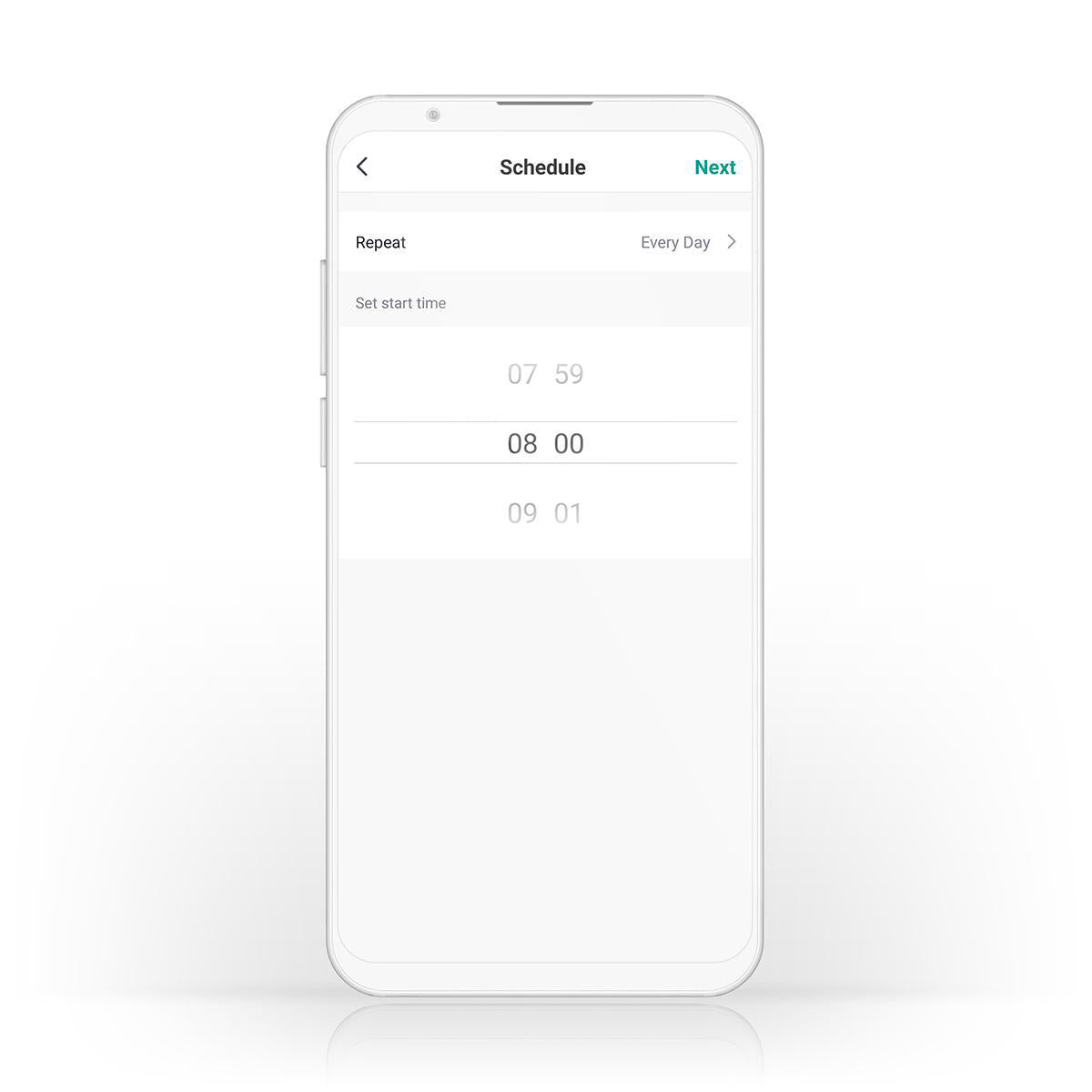 Nedis Wifi SmartLife Elradiator 2000W på smartphone med app-skema, daglig gentagelse kl. 8:00, Næste-knap vises.