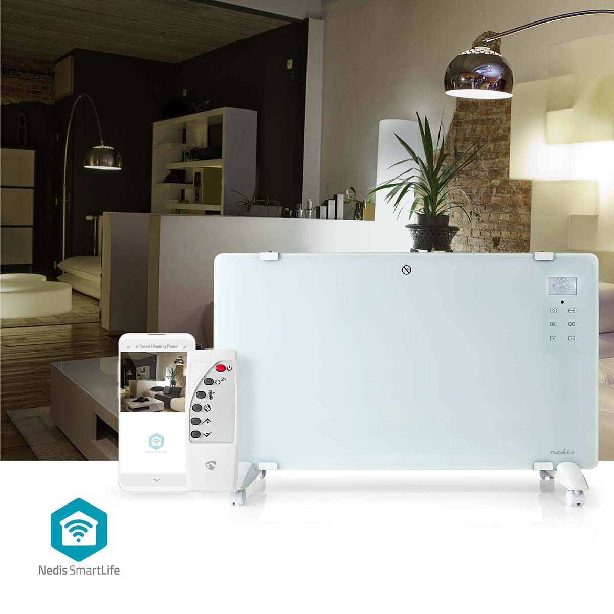 Nedis Wifi SmartLife Elradiator 2000W glaspanel, digitalt display, fjernbetjening, vises med integration til Google Home.
