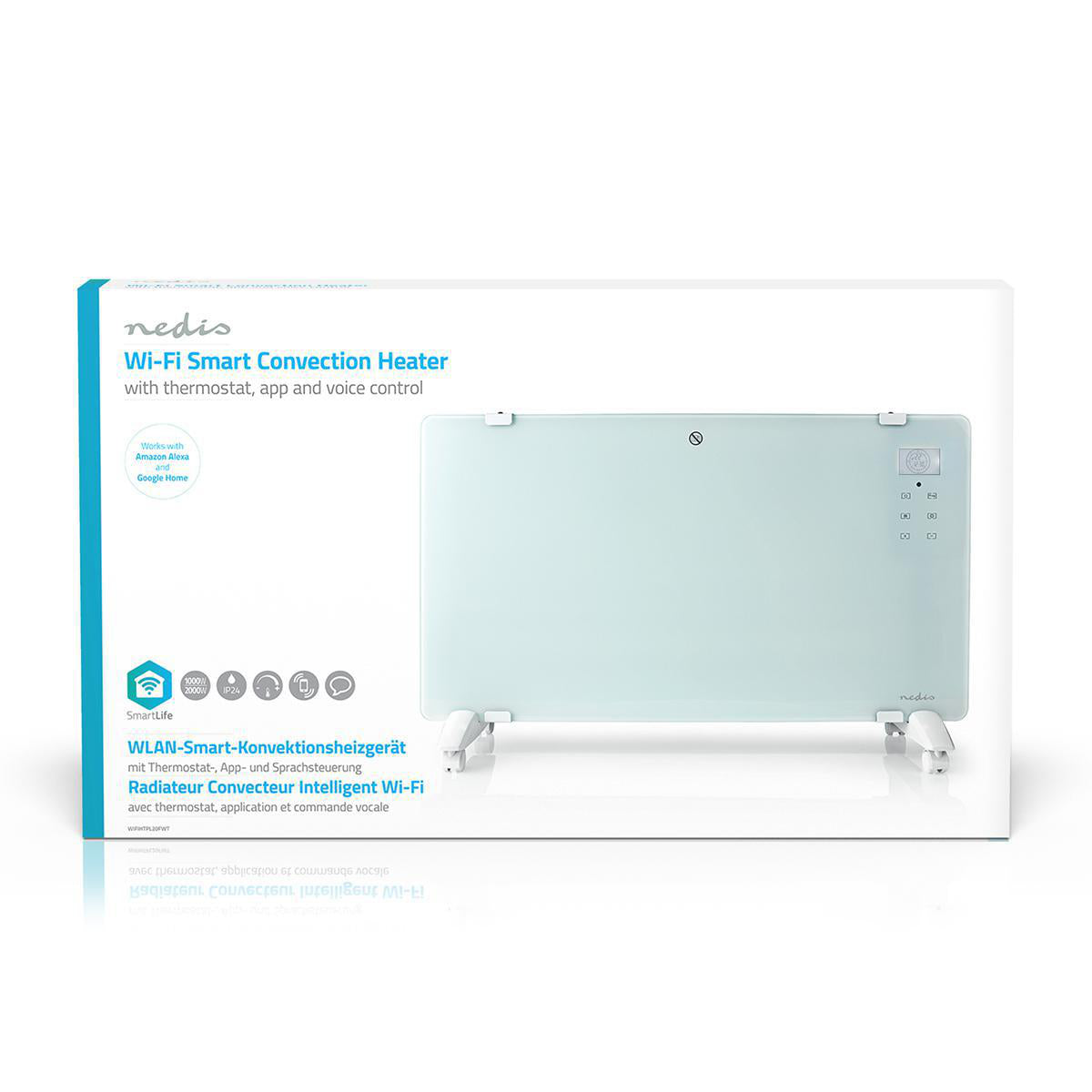Nedis Wifi SmartLife Elradiator 2000W kasse, smarthome-integration, termostat, app/stemmestyring, Google Home-logo.