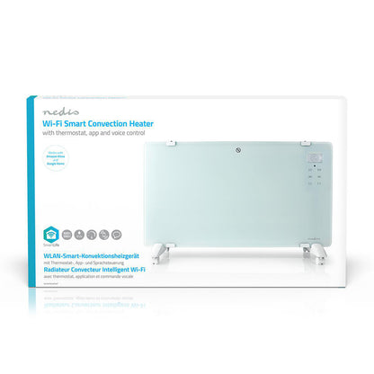 Nedis Wifi SmartLife Elradiator 2000W kasse, smarthome-integration, termostat, app/stemmestyring, Google Home-logo.