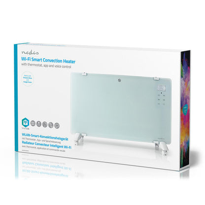 Nedis Wifi SmartLife Elradiator 2000W boks med info om termostat, app- og stemmestyring, smart home og Google Home.