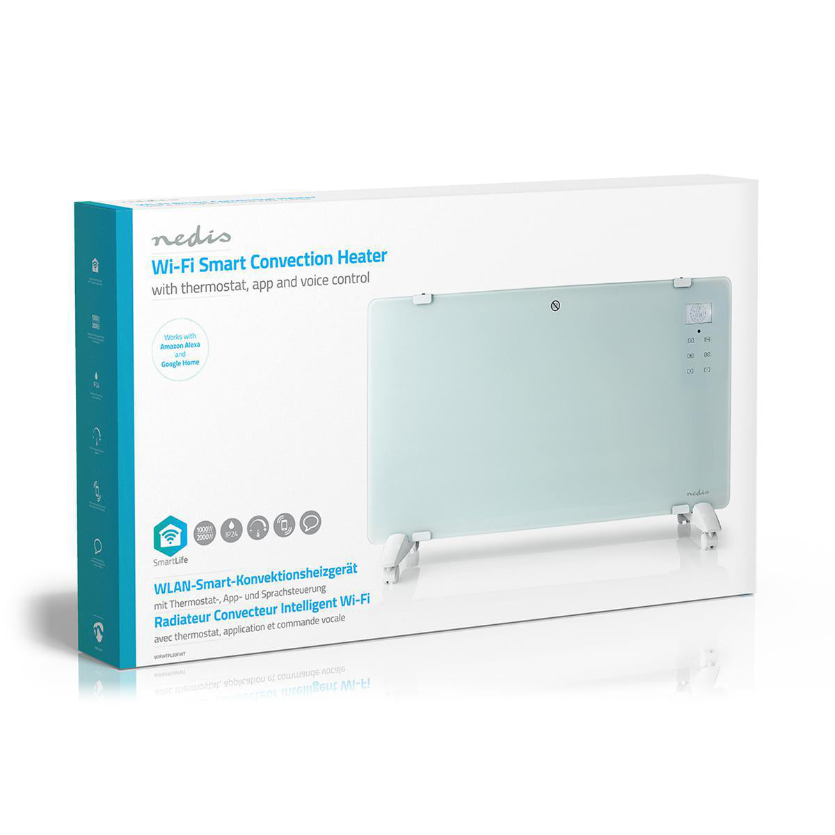 Nedis Wifi SmartLife Elradiator 2000W i æske med logo og ikoner til termostat, app og stemmestyring, Google Home-integration.