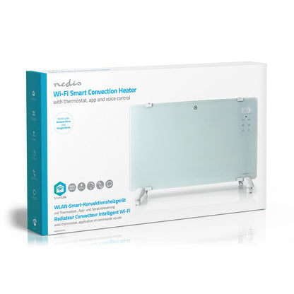 Nedis Wifi SmartLife Elradiator 2000W i æske med logo og ikoner til termostat, app og stemmestyring, Google Home-integration.