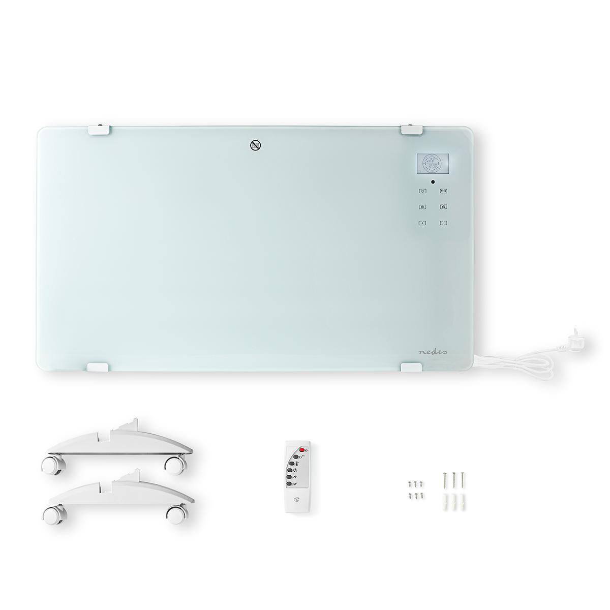 Nedis SmartLife elradiator 2000W, glasfront, WiFi, digitalt display, kontrolknapper, fjernbetjening, hjulbeslag.