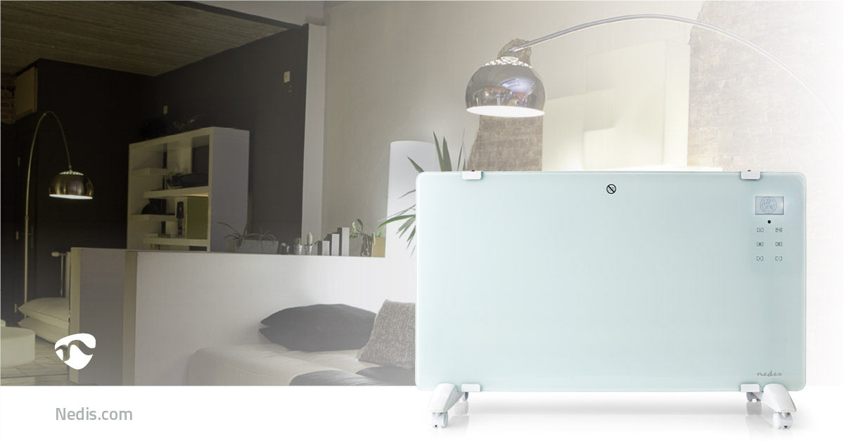 Nedis Wifi SmartLife Elradiator 2000W hvid glasplade, digitalt display, hjul, wifi.