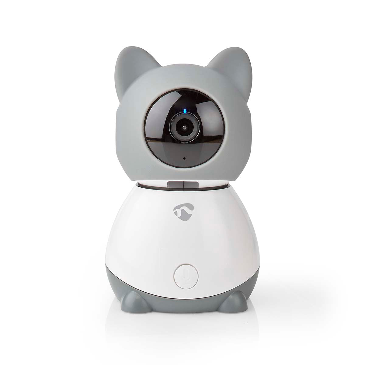Nedis Indendørs Wifi kamera, katte-design med gråt hoved og ører, hvid krop, til baby- og hjemmeovervågning via Wi-Fi.