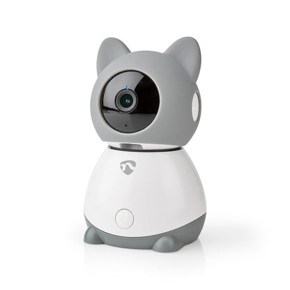 Nedis Indendørs Wifi kamera katte-design med grå ører, poter, hale, stor sort linse som ansigt og hvidt kabinet.
