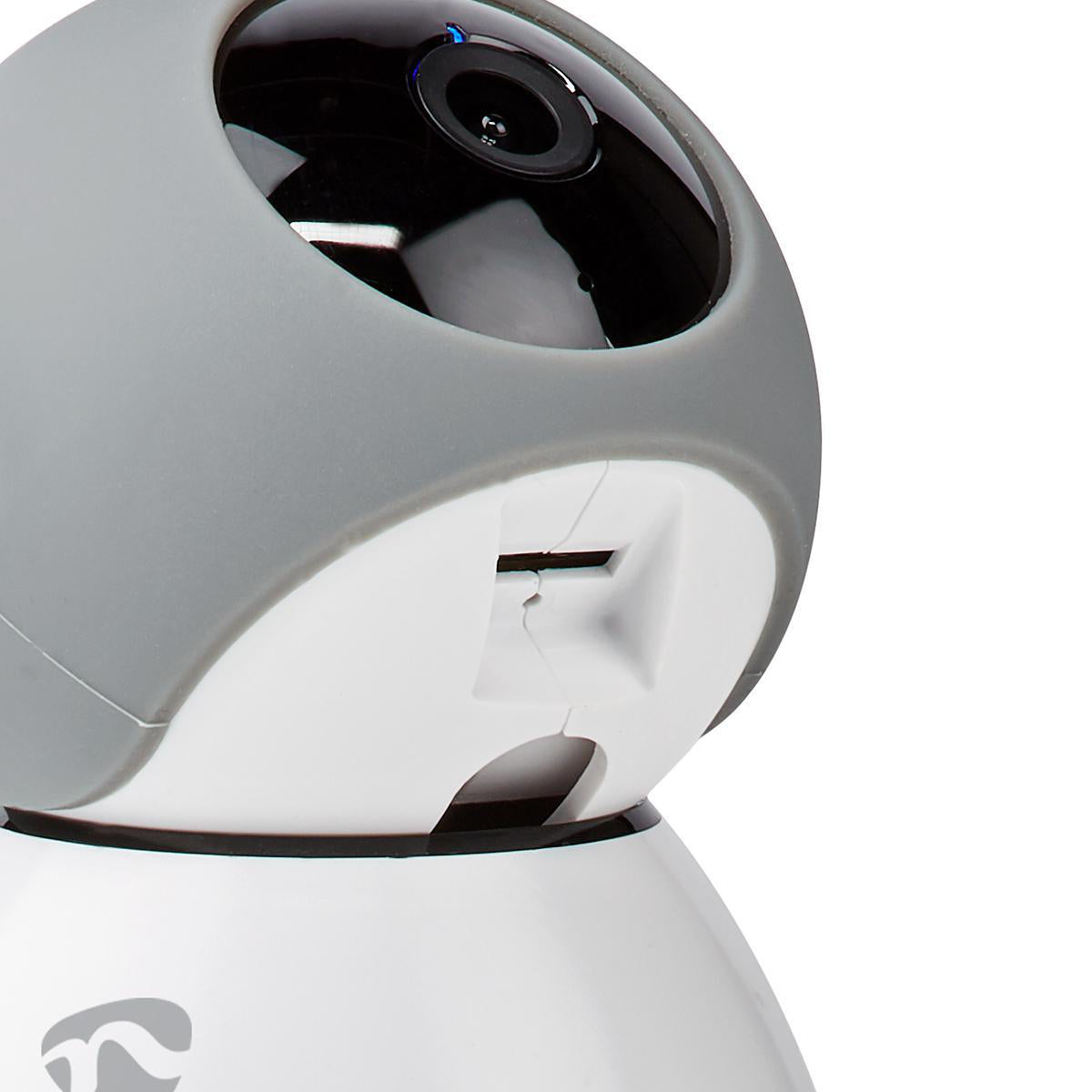 Nedis Indendørs Wifi kamera, hvid/grå med sort linse og SD-kortslot, egnet til baby- eller hjemmeovervågning.