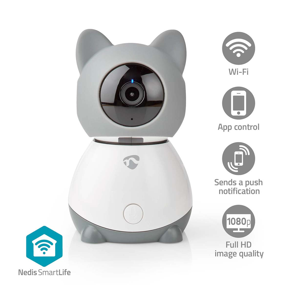 Nedis Indendørs WiFi kamera katteformet med linse i hovedet, appstyring, pushnotifikationer, 1080p HD, SmartLife logo.