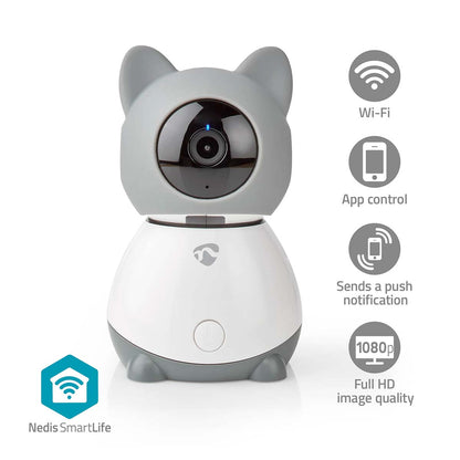 Nedis Indendørs WiFi kamera katteformet med linse i hovedet, appstyring, pushnotifikationer, 1080p HD, SmartLife logo.