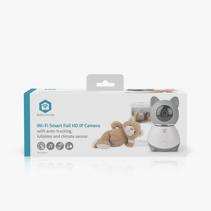 Nedis indendørs wifi babyovervågningskamera med auto-tracking, vuggeviser, klimasensor, katteformet design og bamse i æske.