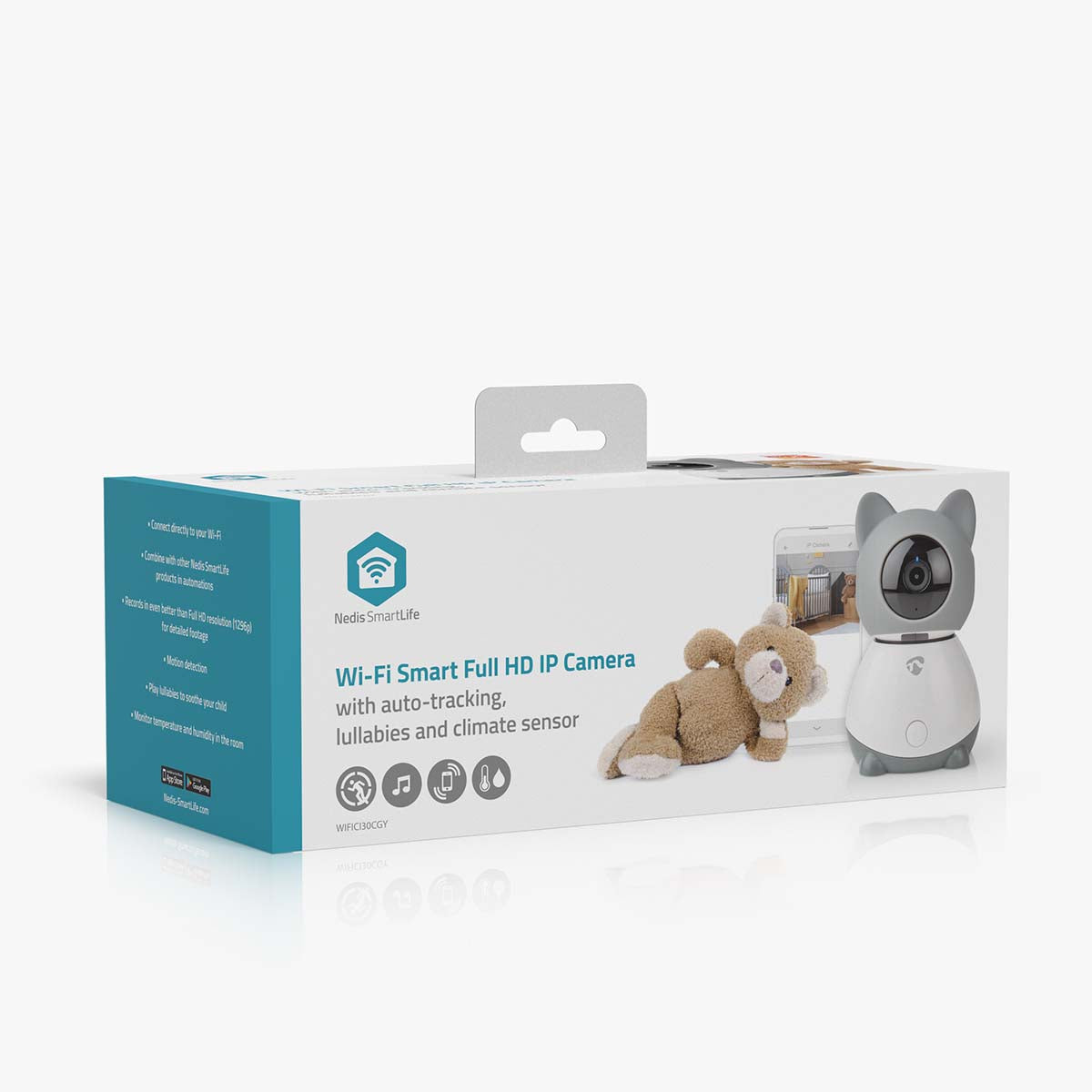 Nedis Indendørs Wifi kamera, bjørneformet, auto-tracking, vuggeviser, klimasensor på æske med features og bamse.