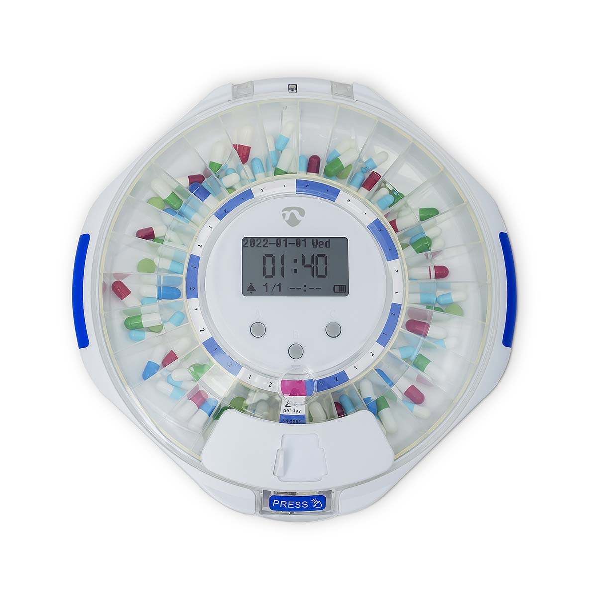 Nedis SmartLife pilledispenser med LCD, WiFi, udlevering af kapsler og tabletter, blå PRESS-knap, digitalt display.