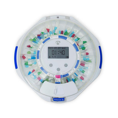 Nedis SmartLife pilledispenser med LCD, WiFi, udlevering af kapsler og tabletter, blå PRESS-knap, digitalt display.