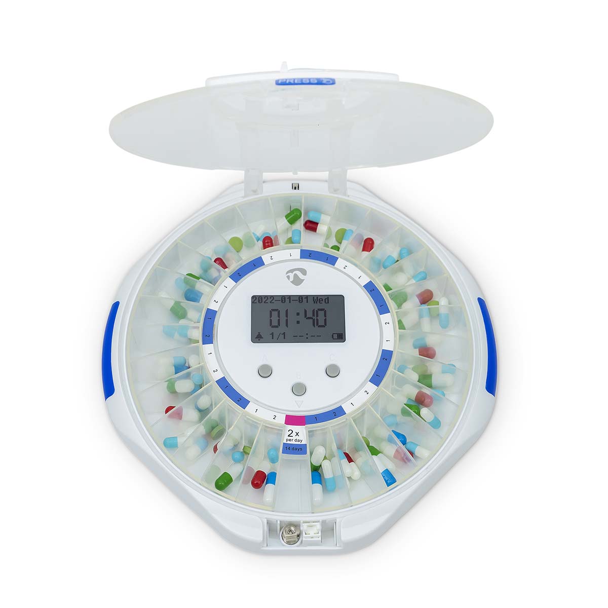 Nedis SmartLife pilledispenser, rund med transparent låg, separat rum og LCD-display til dato, tid og dosering.
