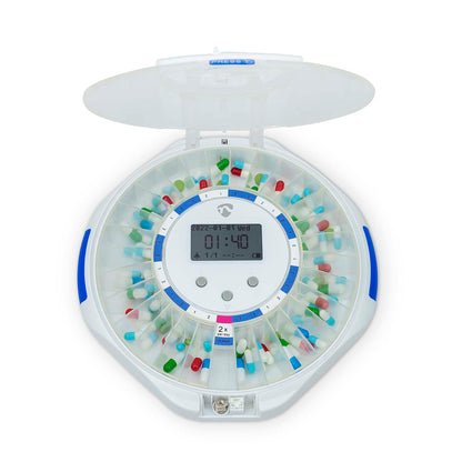 Nedis SmartLife pilledispenser, rund med transparent låg, separat rum og LCD-display til dato, tid og dosering.