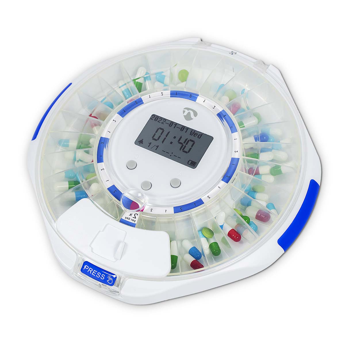 Nedis SmartLife pilledispenser med LCD, WiFi, markerede knapper og separat rum til kapsler og tabletter.