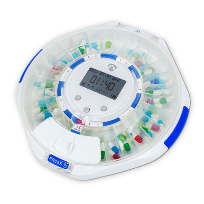 Nedis SmartLife pilledispenser med LCD, WiFi, markerede knapper og separat rum til kapsler og tabletter.
