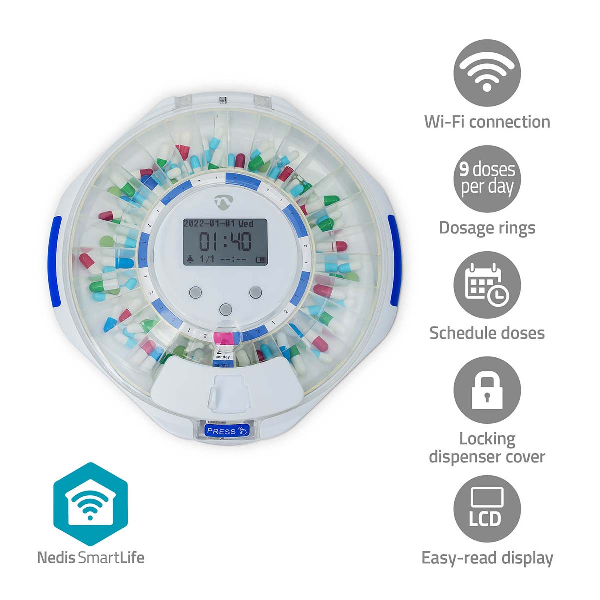 Nedis SmartLife pilledispenser med LCD, gennemsigtigt låg med farvede piller, Wi-Fi, 9 daglige doser, sikker lås.