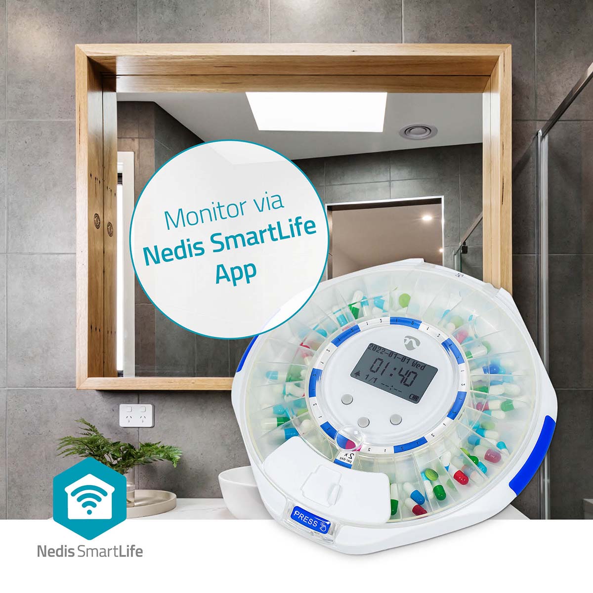 Nedis SmartLife pilledispenser med LCD og WiFi, viser 01:40, Nedis SmartLife App nævnt, Nedis SmartLife logo vises.