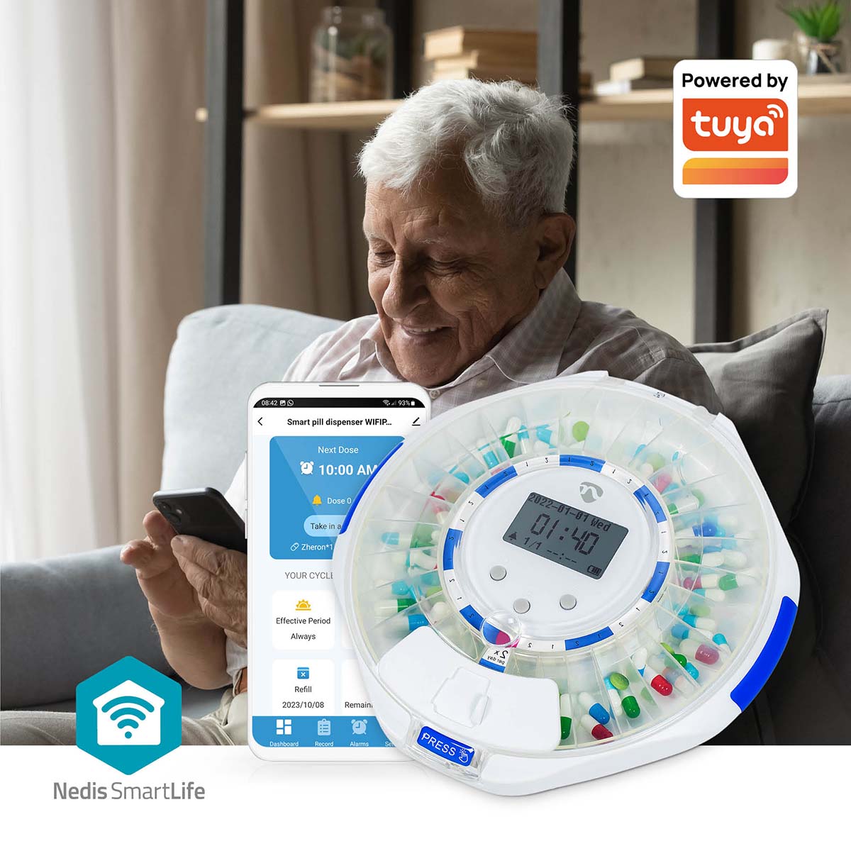 Nedis SmartLife Pilledispenser med LCD og WiFi, synlige piller i rum og timer, Nedis-logo, ses ved siden af smartphone.